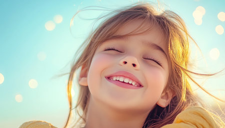 A child's face, radiant with pure joy, is the focal point, enveloped in swirling golden light and sparkling warmth Bathed in soft, natural sunlight against a vibrant sky, this image captures the essence of blissful happiness and positivity The golden light emphasizes the child's delightful expression AI Generativeの素材