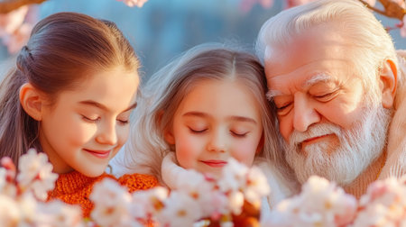 Bathed in warm sunlight, a multigenerational family shares joyous smiles beneath a canopy of blooming cherry blossoms This heartwarming photograph captures a peaceful moment of contentment and love, embracing the beauty of spring and shared happiness in nature's serene embrace A tender celebration of life AI Generativeの素材