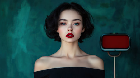 This photograph showcases a confident woman, blending vintage and modern styles under dramatic lighting Her classic beauty is set against a timeless backdrop, emphasizing her expressive face The composition balances old-world charm with contemporary sophistication, using shadows and highlights to create visual interest It's a sophisticated portrayal of a vintage AI Generativeの素材