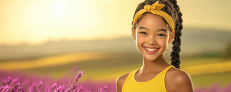 A radiant smile illuminates this image of pure joy A young girl in yellow clothes glows amidst a serene lavender field bathed in golden sunlight This vibrant photograph captures happiness, natural beauty, and positive energy, making it perfect for designs seeking to evoke uplifting emotions and a sense of peaceful AI Generativeの素材