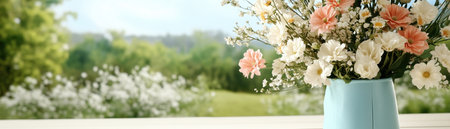 Immerse yourself in a sun-drenched valley, where vibrant flowers burst with color, cultivating a profound serenity Experience nature's beauty and tranquility as sunlight kisses the blossoms A blue vase anchors this peaceful scene, capturing the essence of a calm, bright day, evoking a deep and serene feeling AI Generativeの素材