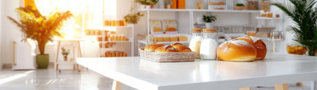 Bathed in gentle sunrise light, this stunning photo captures a warm, inviting bakery The air is thick with the aroma of fresh bread, showcasing light, clean aesthetics The scene evokes a craving for warm baked goods, perfectly paired with a comforting glass of milk A truly mouthwatering depiction AI Generativeの素材