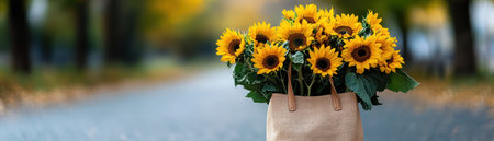 Embrace summer's ease with this image of a breezy white dress, sandals, and a sunflower-filled tote This casual style captures effortless summer vibes, perfect for a leisurely country road stroll Ideal for content showcasing casual fashion and seasonal lifestyle AI Generativeの素材