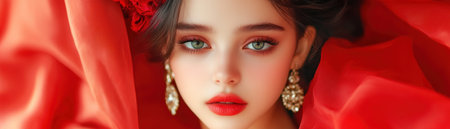 This editorial luxury image embodies timeless elegance A stylish woman, adorned in rich tones and vintage jewelry, graces a captivating cinematic setting The striking composition evokes classic beauty and sophistication, showcasing refined taste and artistic passion Perfect for high-end visuals, it's an inspiration in fashion and style AI Generativeの素材