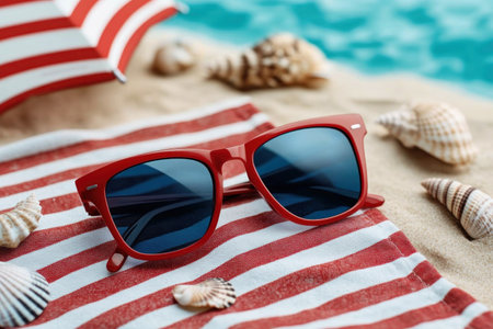 Embrace summer vibes with retro red sunglasses, their glossy frames gleaming on a sandy towel Seashells and a striped umbrella complete the scene, promising relaxation Perfect for vibrant vacations or nostalgic shoots, these sunglasses are beach-ready Feel the sun's warmth and the cool breeze in style AI Generativeの素材