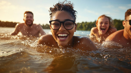 Golden hour bathes a clear blue lake as joyful friends splash and laugh, water droplets sparkling like happiness Pure bliss radiates from their carefree play, capturing the essence of summer and the beauty of friendship This image embodies lighthearted memories and the magic of a perfect day shared with loved AI Generativeの素材