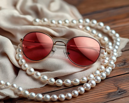 Timeless elegance unfolds with red sunglasses, a vintage scarf, and pearls, artfully placed on an antique vanity This scene embodies retro sophistication, highlighting classic accessories The red sunglasses, a charming vintage touch, complete any outfit Explore this aesthetic and uncover your timeless look Captivating heritage is displayed in this composition AI Generativeの素材