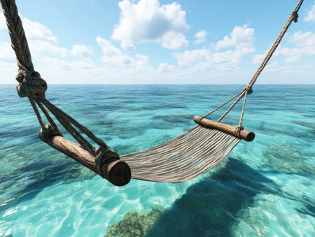 Picture yourself in paradise: a hammock sways gently above a turquoise ocean, the sound of waves your lullaby Crystal clear water meets a vibrant sky in this image of pure tranquility This scene perfectly captures the essence of relaxation, a blissful tropical escape waiting for you AI Generativeの素材