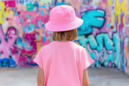 This summer streetwear look radiates cool confidence with a pink tank and matching bucket hat, ideal for sunny days Cargo shorts provide style and function, while a graffiti-covered wall adds an energetic, urban backdrop Capture the vibrant, playful spirit perfect for city explorations This casual look is the embodiment of AI Generativeの素材