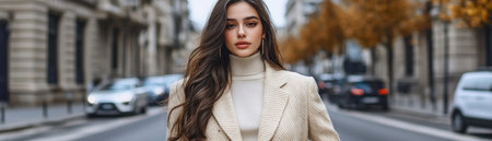 Effortlessly elevate your style with a chic, classic ensemble A sleek blazer over a cozy turtleneck, paired with wide-leg trousers and ankle boots, creates a polished yet casual look Minimal makeup completes this versatile outfit Discover timeless sophistication for any occasion within our collection AI Generativeの素材
