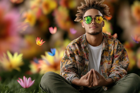 Find inner peace with this vibrant, mindset-focused visual A person glows with colorful energy, embodying mindfulness and meditation This serene image radiates tranquility, spiritual awakening, and the beauty of the present Perfect for promoting well-being, inspiration, and personal growth, it offers a harmonious upliftment of the inner self AI Generativeの素材