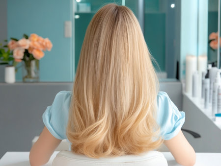 Capture modern chic with this image of perfectly styled blonde hair Shiny, glossy strands flow smoothly, showcasing artistry and healthy vibrancy Ideal for hair product or salon promotion, it embodies sophisticated elegance and contemporary style This image is all about beautifully styled, flowing blonde lengths AI Generativeの素材