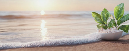 Escape to a tranquil beach scene: warm breeze, gentle waves, and a sunset glow A small bowl of sea salt and vibrant green leaves rest on the sand, bathed in soft light This serene image evokes peace and calm, ideal for meditation and quiet reflection AI Generativeの素材