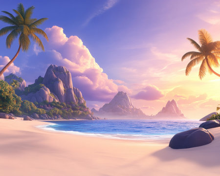 Escape to a tranquil tropical island, where sun-kissed shores meet crystal waters Find serenity amidst swaying palms and majestic mountains This idyllic paradise offers calm, rejuvenation, and a slow pace of life Unwind, connect with nature, and let worries fade away in this dream getaway AI Generativeの素材