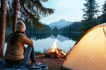 Escape to nature with this image of your family camping by a tranquil lake Majestic pines reach for a starry sky as a warm campfire glows Experience the essence of outdoor adventure and family bonding Perfect for travel blogs and outdoor enthusiasts This scenic vista captures your perfect camping trip AI Generativeの素材
