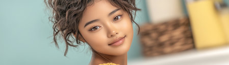 This captivating portrait showcases a stylish woman with bold makeup, striking an editorial pose against a textured backdrop with vintage props The close-up highlights her delicate skin and refined beauty, all while embracing a vintage aesthetic The image exudes an overall mood of elegance and charm AI Generativeの素材