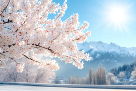 Bask in the invigorating freshness of a sunny day with a perfect blue sky Feel the crisp mountain air carried by a gentle breeze as the warm sun illuminates delicate cherry blossoms This tranquil scene of breathtaking mountain beauty offers a serene escape, revitalizing your soul with nature's elegance AI Generativeの素材