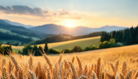 Escape to a serene countryside with gentle breezes and rolling hills bathed in golden sunset hues This tranquil vista offers a peaceful retreat, perfect for nature lovers seeking calming visuals and scenic beauty Find the simple beauty in this rural landscape, a haven of warmth and golden light AI Generativeの素材