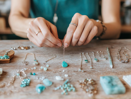 Step into a cozy studio where jewelry comes to life Witness the artistic focus as colorful tools shape delicate designs This image captures the essence of handmade jewelry, showcasing dedication and intricate craftsmanship A glimpse into a maker's world, perfect for art blogs, craft magazines, and design portfolios AI Generativeの素材