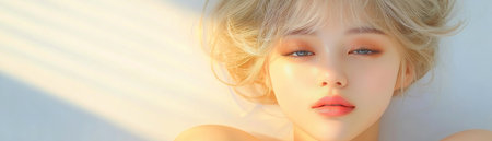 This studio portrait captivates with its silky blonde hair and timeless aesthetic High-quality photography reveals the subject's natural beauty and elegant features, enhanced by soft lighting and precise composition The fair complexion glows, creating a captivating and versatile visual ideal for diverse creative endeavors AI Generativeの素材