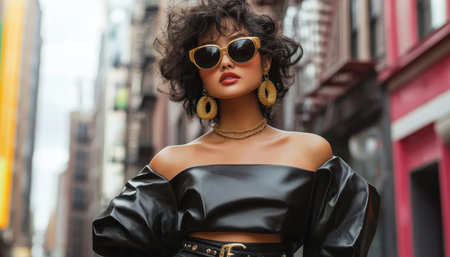 A stylish woman exudes confidence in a luxury fashion portrait, set against a moody urban backdrop Refined textures and a daring attitude define the scene, blending high fashion with everyday chic This captivating image embodies modern sophistication and captures the vibrant essence of bold, street-style elegance AI Generativeの素材