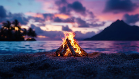 Escape to a tranquil beach paradise with a mesmerizing sunset, cozy bonfire, and soft pink and purple skies Relax as warm flames dance against the backdrop of a calm ocean and distant islands Lose yourself in this serene scene, a perfect blend of colors and elements for ultimate relaxation AI Generativeの素材