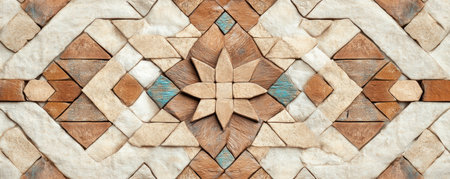This captivating image balances strength and artistry through geometric patterns Triangles and diamonds create a textured, harmonious surface, grounded by a neutral beige palette with terracotta and teal accents The design evokes stability and timelessness, showcasing a rich, detailed composition AI Generativeの素材
