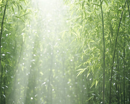 Escape to a serene bamboo forest bathed in soft sunlight This high-quality image offers a tranquil sanctuary with lush green foliage, perfect for backgrounds, meditation, or nature-inspired designs The gentle light and calming atmosphere provide a soothing visual journey Immerse yourself in its natural beauty AI Generativeの素材