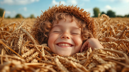 A child's radiant smile embodies pure joy in this heartwarming scene Bathed in golden light, set against a brilliant blue sky and field, innocence and nature intertwine This image evokes happiness and peace, perfect for uplifting websites, blogs, and social media feeds AI Generativeの素材