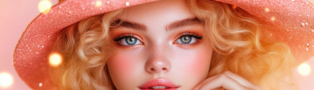 This close-up portrait captures a captivating blonde beauty with warm, golden hues Luxurious and elegant, her soft features radiate allure The image boasts vibrant colors, subtle bokeh lights, and an overall dreamy aesthetic Perfect for fashion or beauty projects, it embodies sophistication and grace AI Generativeの素材