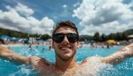Dive into summer's joy with this image of playful youth splashing into a sparkling pool under a bright sun Feel the refreshing water, the endless fun, and the magic of carefree summer days Capture the pure delight of a sun-drenched escape and create unforgettable memories AI Generativeの素材
