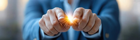 A dynamic executive, clad in a blue suit, embodies growth and visionary leadership Light emanating from their hands symbolizes potent, innovative ideas driving organizational elevation This image focuses on the interplay of executive action and energy, with blurred surroundings emphasizing the impact The scene conveys power and potential AI Generativeの素材