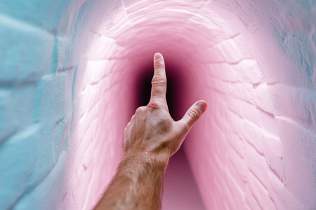 This image embodies a leadership coach's impact, showcasing guidance towards success A hand points into a pink-lit tunnel, symbolizing a path of growth The visual conveys motivation, resilience, and strategic thinking, representing the journey towards self-improvement and forward motion It inspires individuals to embrace their potential AI Generativeの素材