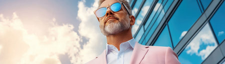 A confident executive, in a pink jacket and blue glasses, stands before a modern glass building and vibrant sky This image captures a leader driving growth and progress, ideal for business, leadership, or motivational themes It conveys success and sophistication, emphasizing the impact of forward-thinking initiatives AI Generativeの素材
