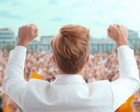 A dynamic leader electrifies a crowd with an impassioned speech, arms raised, embodying inspiration and empowerment This image captures the power of oration, fueling collective energy and movement towards positive change It visualizes success, transformation, and team power, inspiring teams and delivering a powerful message AI Generativeの素材