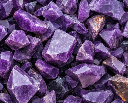 This close-up image showcases a cluster of natural amethyst stones Varying shades of purple dominate, with hints of grey and brown The diverse sizes and shapes reveal intricate edges and facets It's a purely geological view, with no leadership concepts or training elements present AI Generativeの素材