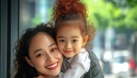 A woman with red curls embraces a young, red-haired child, both in white tops, against a blurred window backdrop The child wears a gray coat Cars blur in the distance The image lacks any indication of leadership, mentorship, or team guidance The focus is solely on the intimate moment AI Generativeの素材