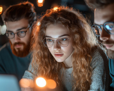 A leadership training session highlights teamwork and skill enhancement Professionals collaborate intensely in an open office, tackling a problem-solving exercise This scene captures their synergistic teamwork, development, and strategic planning, showcasing focus, effective communication, and skill refinement within a corporate workshop environment AI Generativeの素材