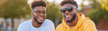 Sunlight bathes two figures in a warm outdoor setting, engaged in a positive conversation A yellow hoodie contrasts with a white shirt, suggesting a mentor-intern dynamic The scene radiates inspiration and open exchange, with no coffee in sight, just a vibrant flow of ideas and connection AI Generativeの素材