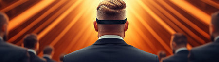 A figure in a dark suit strides confidently down a light-streaked hallway, others following closely behind This powerful image embodies leadership, showcasing determination and vision The leader's purposeful advance and the loyal procession convey a strong message of inspiring leadership and unwavering direction AI Generativeの素材