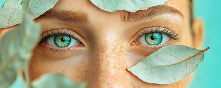 A close-up beauty portrait showcases a resilient leader with determined green eyes, speckled with freckles and framed by leaves The intense focus on the eyes reveals unwavering resolve and a raw, personal strength Calm, fresh, and rooted in nature, this image captures a powerful presence thriving through adversity AI Generativeの素材
