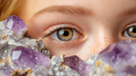Amethyst eyes, a motivational leader, pierce through uncertainty, forging a clear path Their vision unlocks hidden potential, inspiring innovation and mindful reflection Natural beauty enhances focus, fostering spiritual growth, holistic wellbeing, and resilience with each powerful glance AI Generativeの素材