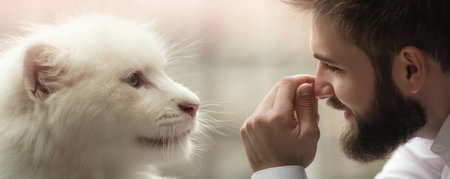 A bearded man gently touches a fluffy white animal, suggesting a warm, friendly connection The soft, light background enhances the tender scene This image is unrelated to business or leadership; it portrays a personal, affectionate interaction, not a professional or strategic setting AI Generativeの素材