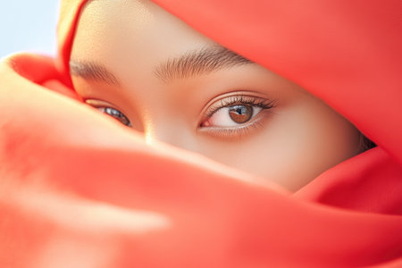 A close-up eye, veiled by red fabric, embodies a collaborative leader It's a visual metaphor for focused unity, where diverse perspectives converge on a shared goal The image conveys vision, resilience, and determination, capturing a powerful sense of direction, intensity, and purpose, symbolizing clarity and the unwavering will of the AI Generativeの素材