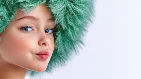 This portrait embodies youthful imagination and 'Influential Innovation' A leader, poised to shape the future with creativity, wears a textured green headpiece Soft light and delicate details highlight their unique visual style The subject's subtle confidence and avant-garde fashion make a compelling statement AI Generativeの素材