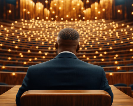 A leader captivates a large audience with a TED Talk-style speech, emphasizing communication as a key to success and leadership The visual, focusing on the presenter's back, creates authority, while a blurred audience adds depth This image showcases powerful public speaking, inspiring effective communication and capturing your audience AI Generativeの素材