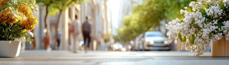 This image, "Navigating the Path," blends a blurred streetscape with clear pathways, symbolic of leadership's duality Blurred figures and vibrant potted flowers suggest both the human element and growth A vehicle and trees represent progress and stability This scene urges leaders to balance visionary thinking with grounded accountability, forging a AI Generativeの素材