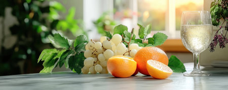 This message evokes visionary leadership in culinary arts, emphasizing fresh, healthy ingredients Grapes, oranges, and white wine are presented bathed in sunlight, symbolizing clarity, brightness, and abundance The concept highlights strategic leadership driving excellence through vibrant, fruit-focused presentations The imagery captures a powerful vision of culinary artistry AI Generativeの素材