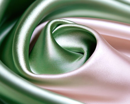 This close-up captures swirling green and pink silk, its smooth surface reflecting light Flowing curves and natural folds create a visual vortex, showcasing the fabric's soft texture and subtle shimmer This abstract emphasizes the delicate interplay of light and gentle contours, highlighting the beauty of textiles AI Generativeの素材
