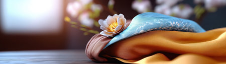 This design embodies "Accountability and Collaboration" through a serene mix of textures and colors Soft fabrics and floral details, predominantly gold, blue, and white, symbolize the clarity and unity essential for effective leadership It's a gentle reminder that these core values are key to building successful, innovative, and harmonious teams AI Generativeの素材